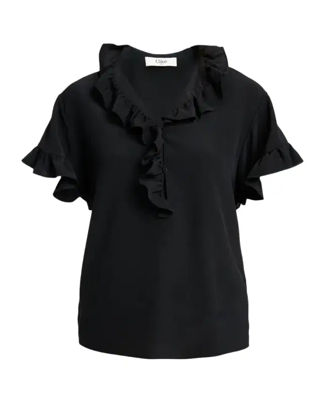 Ruffle Short-Sleeve Silk Crepe De Chine Top
