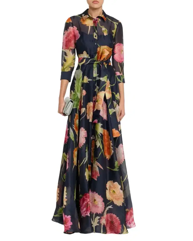 Floral Silk Chiffon Belted Trench Gown