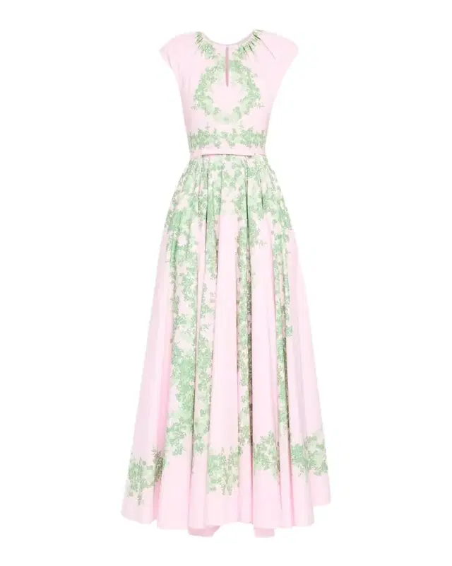 Garland Cotton Gathered Cap-Sleeve Maxi Dress