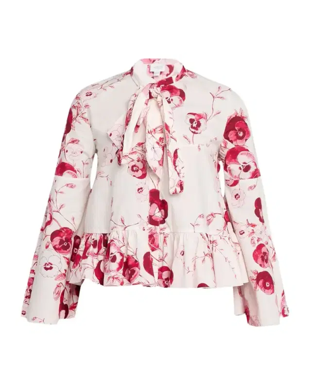 Floral Cotton Poplin Bell-Sleeve Neck-Tie Blouse