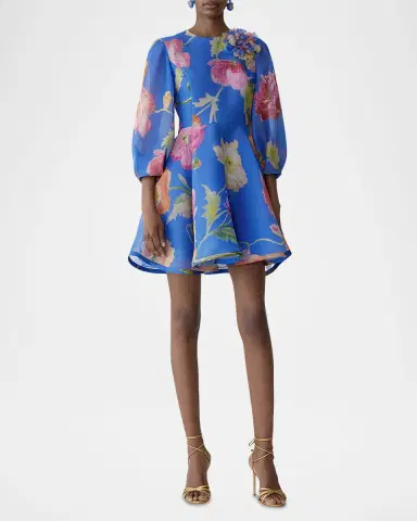 Carolina Herrera Floral Silk Puff-Sleeve Corsage Mini Dress | Thumbnail 2 Carolina Herrera Floral Silk Puff-Sleeve Corsage Mini Dress | Thumbnail 2