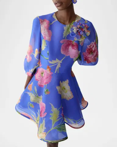 Carolina Herrera Floral Silk Puff-Sleeve Corsage Mini Dress | Thumbnail 4 Carolina Herrera Floral Silk Puff-Sleeve Corsage Mini Dress | Thumbnail 4