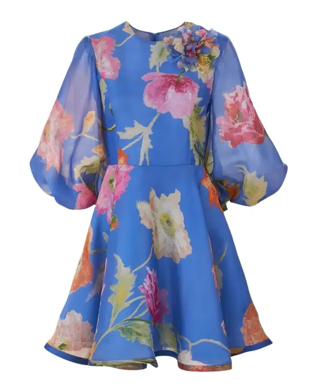 Floral Silk Puff-Sleeve Corsage Mini Dress