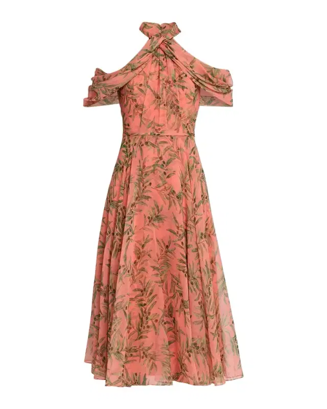 Olive Branch Silk Chiffon Draped Halter Midi Dress