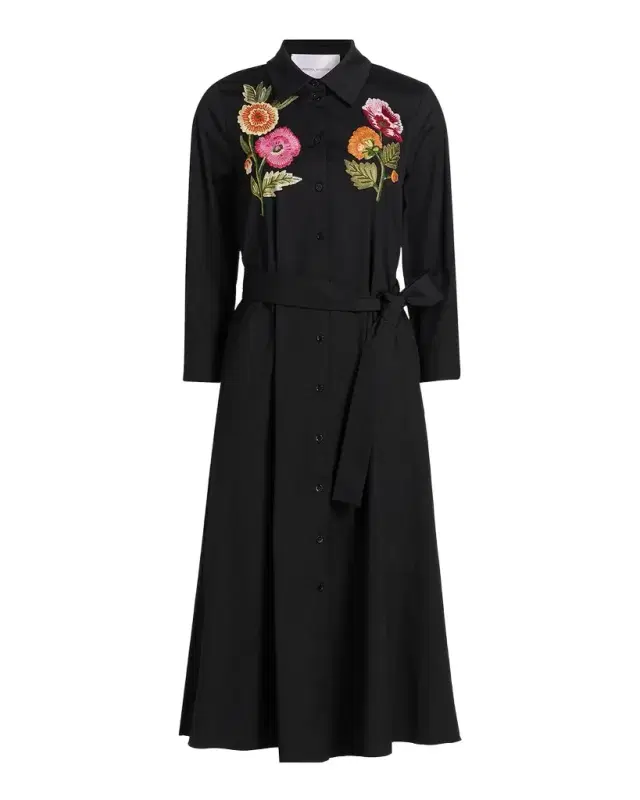 Floral Embroidered 3/4-Sleeve Midi Shirtdress