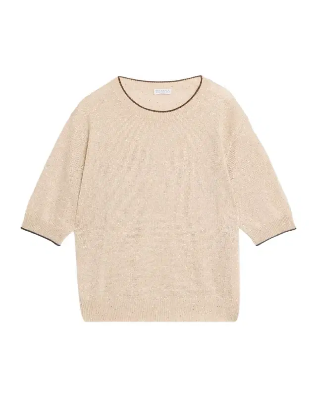 Linen-Cotton Paillette Short-Sleeve Sweater
