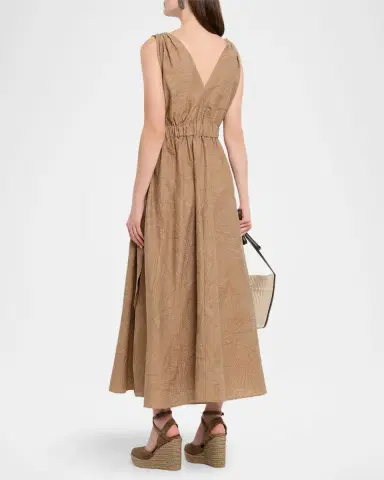 Brunello Cucinelli Sleeveless Cotton Poplin Jacquard Belted Midi Dress | Thumbnail 2 Brunello Cucinelli Sleeveless Cotton Poplin Jacquard Belted Midi Dress | Thumbnail 2