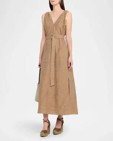 Brunello Cucinelli Sleeveless Cotton Poplin Jacquard Belted Midi Dress | Thumbnail 3 Brunello Cucinelli Sleeveless Cotton Poplin Jacquard Belted Midi Dress | Thumbnail 3