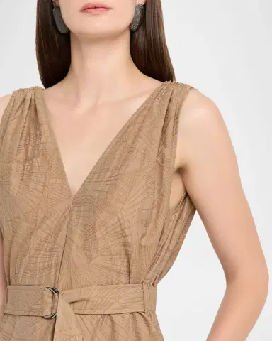 Brunello Cucinelli Sleeveless Cotton Poplin Jacquard Belted Midi Dress | Thumbnail 4 Brunello Cucinelli Sleeveless Cotton Poplin Jacquard Belted Midi Dress | Thumbnail 4
