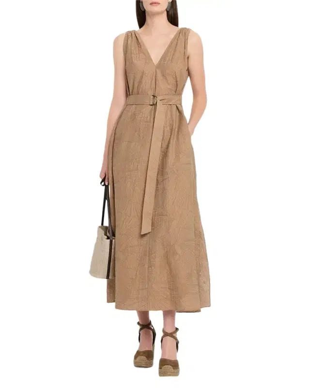 Sleeveless Cotton Poplin Jacquard Belted Midi Dress