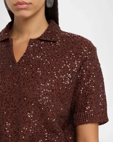 Brunello Cucinelli Paillette Linen-Cashmere Short-Sleeve Polo Sweater | Thumbnail 4 Brunello Cucinelli Paillette Linen-Cashmere Short-Sleeve Polo Sweater | Thumbnail 4