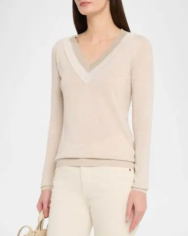 Brunello Cucinelli Metallic V-Neck Cashmere-Silk Sweater | Thumbnail 3