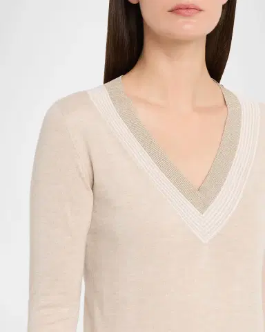 Brunello Cucinelli Metallic V-Neck Cashmere-Silk Sweater | Thumbnail 4