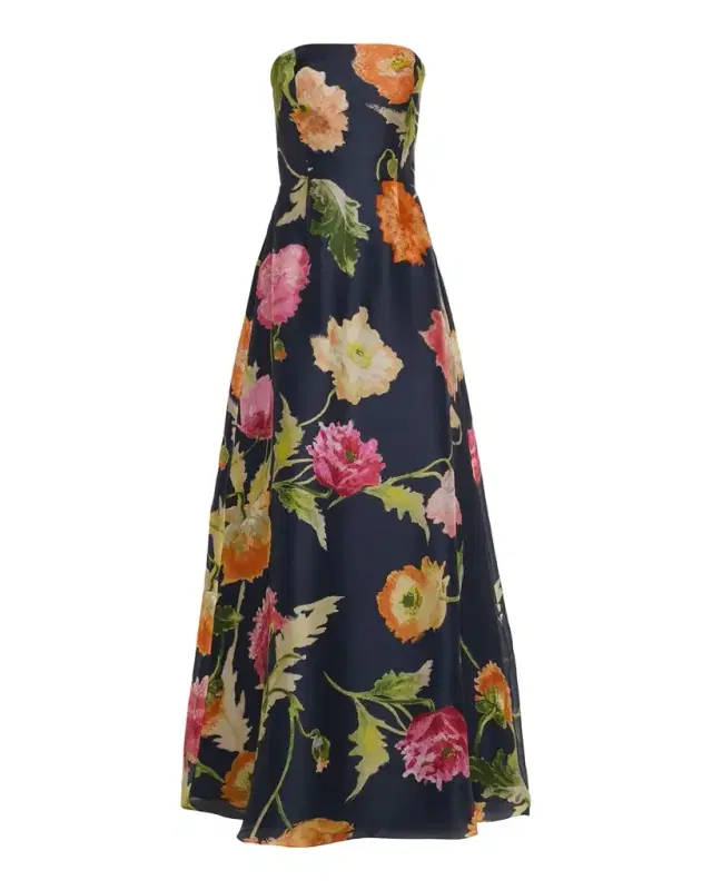 Strapless A-Line Floral Silk Gown