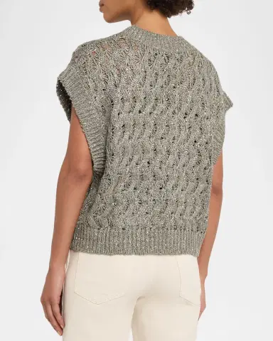 Brunello Cucinelli V-Neck Paillette Open-Knit Vest | Thumbnail 3 Brunello Cucinelli V-Neck Paillette Open-Knit Vest | Thumbnail 3