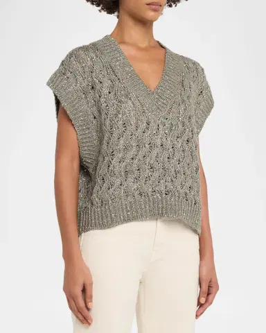 Brunello Cucinelli V-Neck Paillette Open-Knit Vest | Thumbnail 4 Brunello Cucinelli V-Neck Paillette Open-Knit Vest | Thumbnail 4