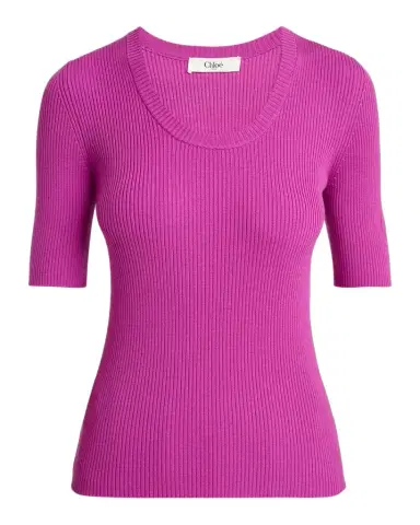 Chloé Short-Sleeve Ribbed Scoop-Neck Sweater | Thumbnail 1