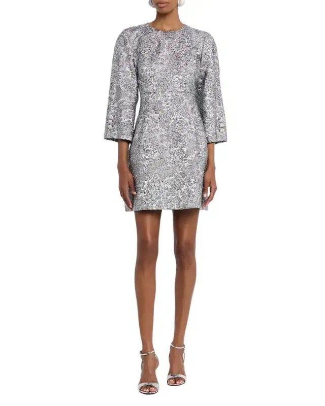 Metallic Puff Brocade 3/4-Sleeve Mini Dress