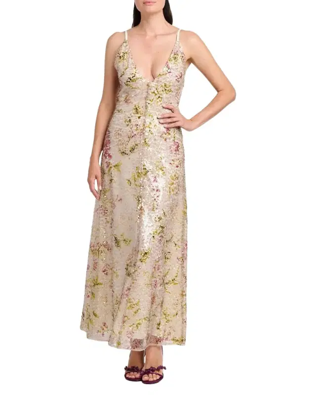 Floral Sequined Sleeveless Evening Dress