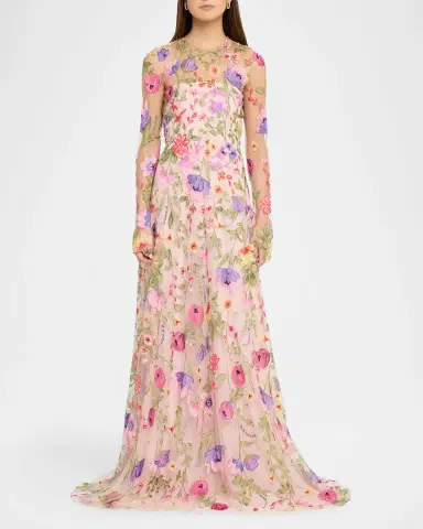 Naeem Khan Floral Embroidered Long-Sleeve Illusion Gown | Thumbnail 2