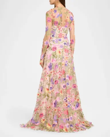 Naeem Khan Floral Embroidered Long-Sleeve Illusion Gown | Thumbnail 3