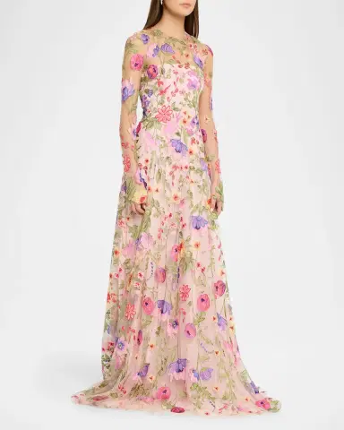 Naeem Khan Floral Embroidered Long-Sleeve Illusion Gown | Thumbnail 4