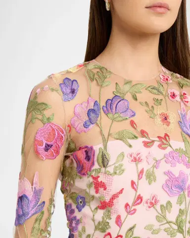 Naeem Khan Floral Embroidered Long-Sleeve Illusion Gown | Thumbnail 5