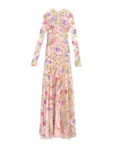 Naeem Khan Floral Embroidered Long-Sleeve Illusion Gown | Thumbnail 1
