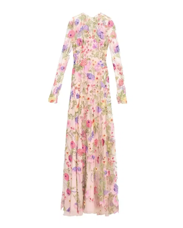 Floral Embroidered Long-Sleeve Illusion Gown
