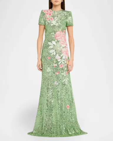 Naeem Khan Floral Embroidered Short-Sleeve Sequined Gown | Thumbnail 2