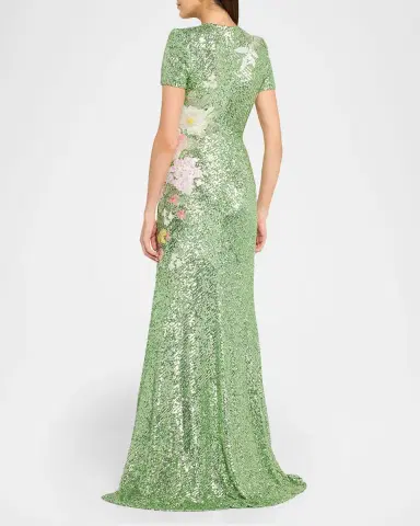 Naeem Khan Floral Embroidered Short-Sleeve Sequined Gown | Thumbnail 3