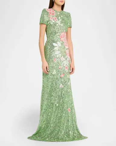 Naeem Khan Floral Embroidered Short-Sleeve Sequined Gown | Thumbnail 4
