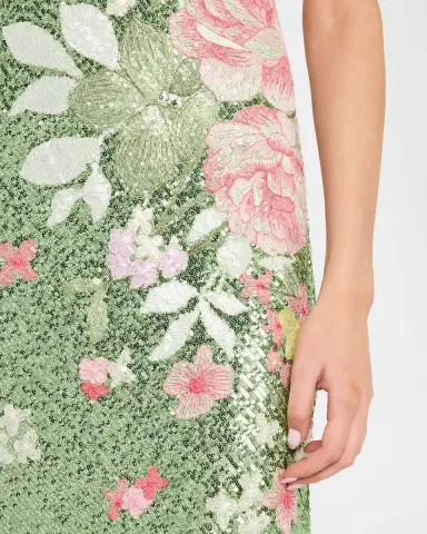 Naeem Khan Floral Embroidered Short-Sleeve Sequined Gown | Thumbnail 5