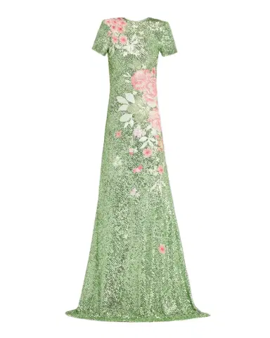 Naeem Khan Floral Embroidered Short-Sleeve Sequined Gown | Thumbnail 1