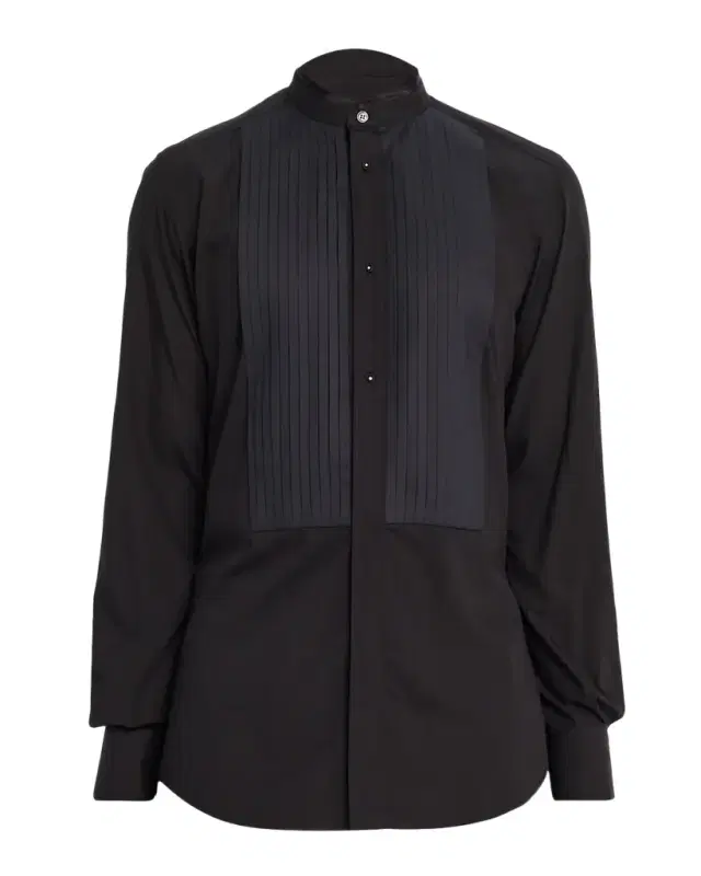 Men 's Cotton Pleated Plastron Band Collar Dress Shirt