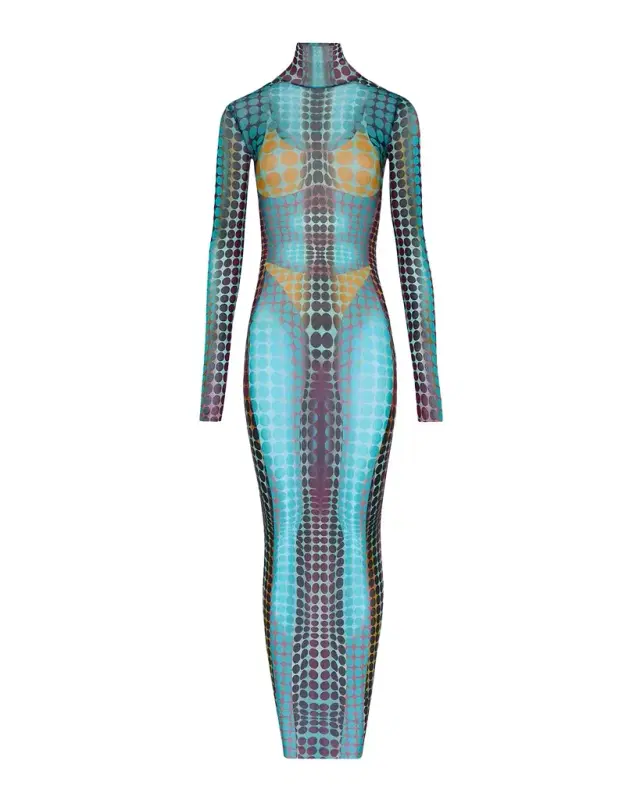 Re-Edition Polka-Dot Trompe L 'oeil Mesh Long-Sleeve Maxi Dress