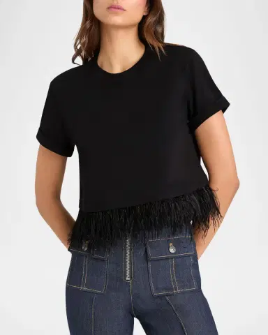 Cinq à Sept Cropped Feather-Trim Tee | Thumbnail 2