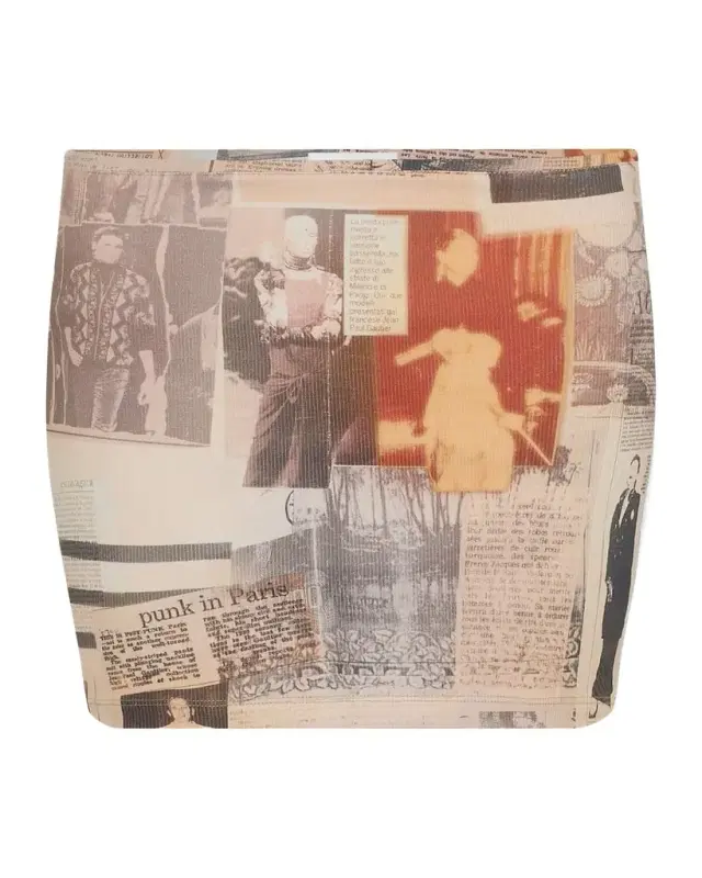 Newspaper-Print Cotton Ribbed Mini Skirt