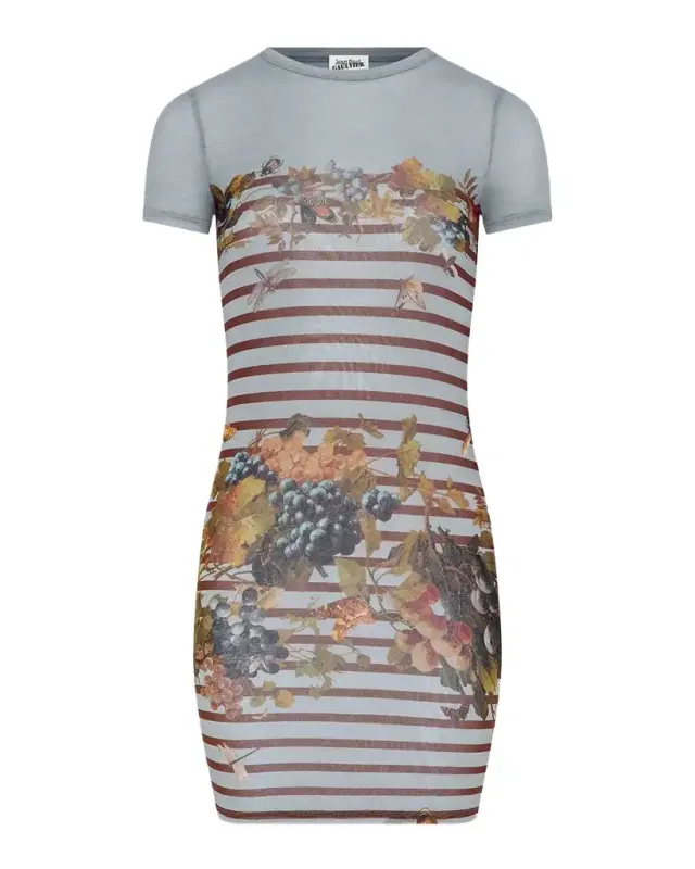 Mariniere Grapes-Print Mesh Short-Sleeve Mini Dress