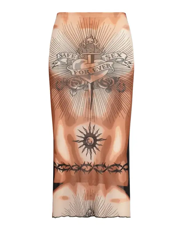 Re-Edition Tattoo-Print Mesh Midi Skirt