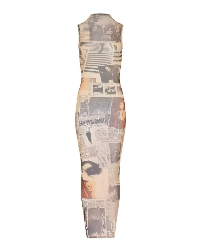 Newspaper-Print Mesh High-Neck Sleeveless Maxi Dress
