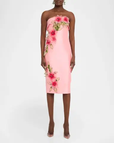 Badgley Mischka Strapless Floral Applique Satin Midi Dress | Thumbnail 2