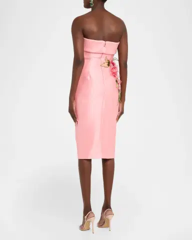 Badgley Mischka Strapless Floral Applique Satin Midi Dress | Thumbnail 3