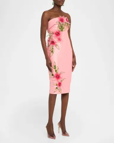 Badgley Mischka Strapless Floral Applique Satin Midi Dress | Thumbnail 4