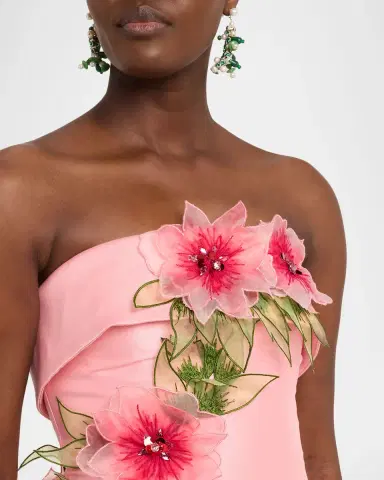 Badgley Mischka Strapless Floral Applique Satin Midi Dress | Thumbnail 5