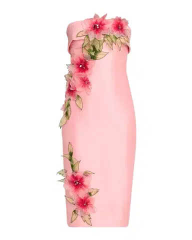 Badgley Mischka Strapless Floral Applique Satin Midi Dress | Thumbnail 1