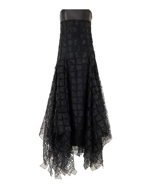 Strapless Trapezoid Embroidered Organza Fringe Maxi Dress