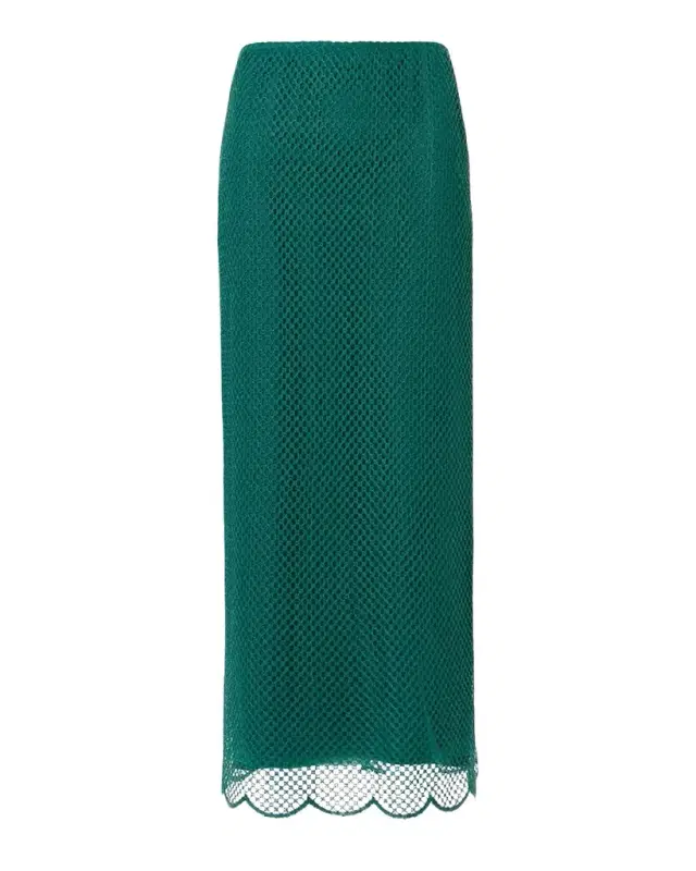 Grid Embroidered Scalloped Midi Skirt