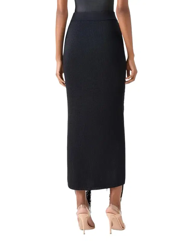 Draped Fringe Silk Knit Midi Pencil Skirt