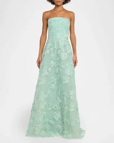 Reem Acra Floral Metallic Raffia Embroidered Tulle Strapless Gown | Thumbnail 2 Reem Acra Floral Metallic Raffia Embroidered Tulle Strapless Gown | Thumbnail 2